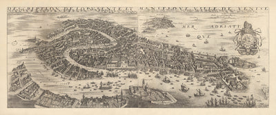 Antigua carta de pájaro de Venecia por Boisseau, 1648: Basílica de San Marcos, Palacio Ducal, Puente de Rialto, Gran Canal, Laguna Veneciana 