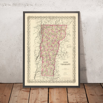 Alte Karte von Vermont von J.H. Colton, 1855: Burlington, Montpelier, Rutland, Brattleboro, St. Albans 