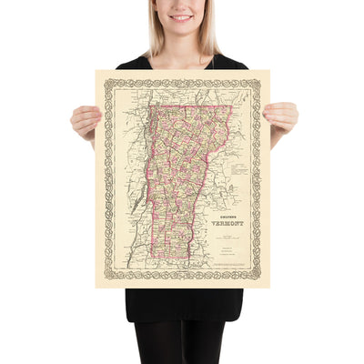 Alte Karte von Vermont von J.H. Colton, 1855: Burlington, Montpelier, Rutland, Brattleboro, St. Albans 