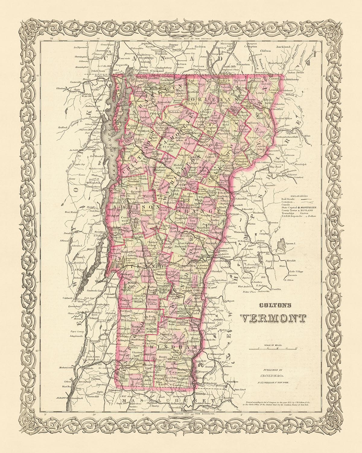Alte Karte von Vermont von J.H. Colton, 1855: Burlington, Montpelier, Rutland, Brattleboro, St. Albans 