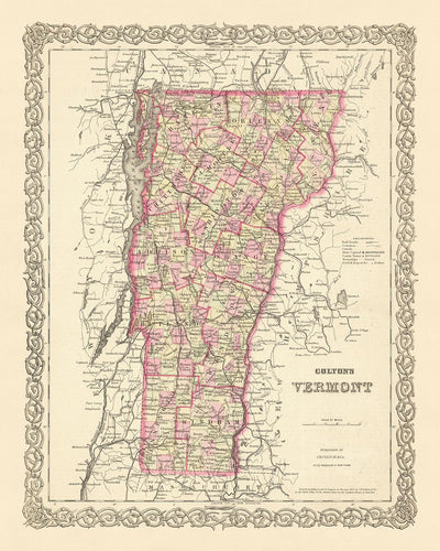 Alte Karte von Vermont von J.H. Colton, 1855: Burlington, Montpelier, Rutland, Brattleboro, St. Albans 