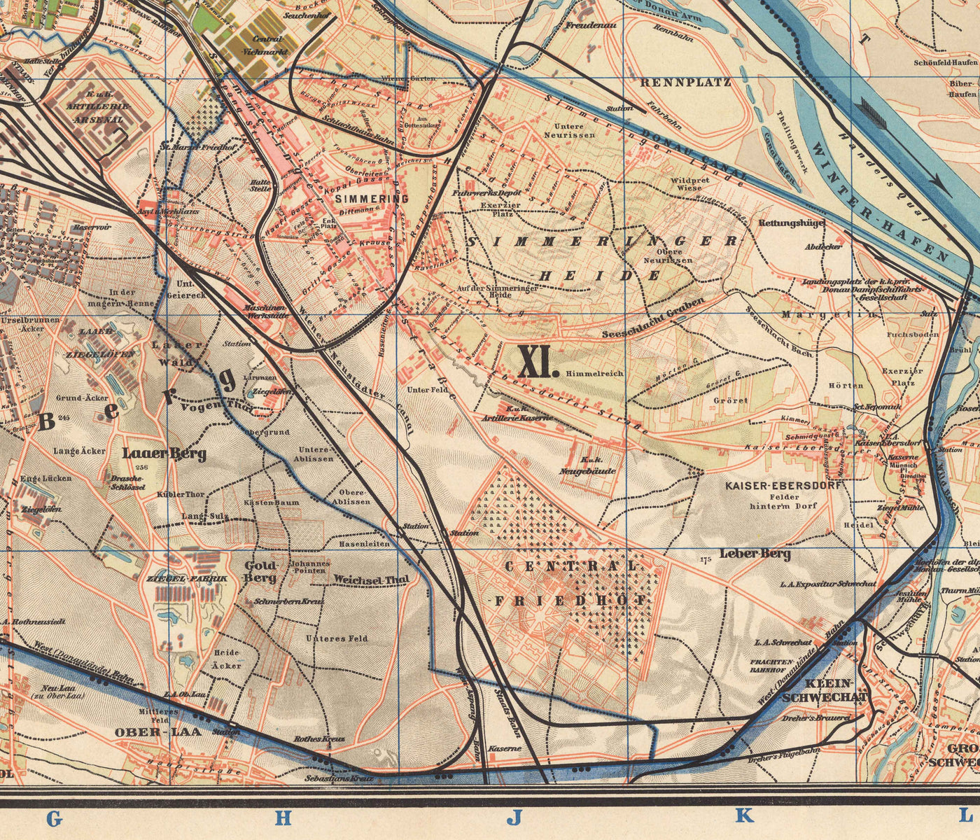 Old Map of Vienna by Gustav Freytag in 1895 - Innere Stadt, Leopoldstadt, Wieden, Margareten, Landstraße