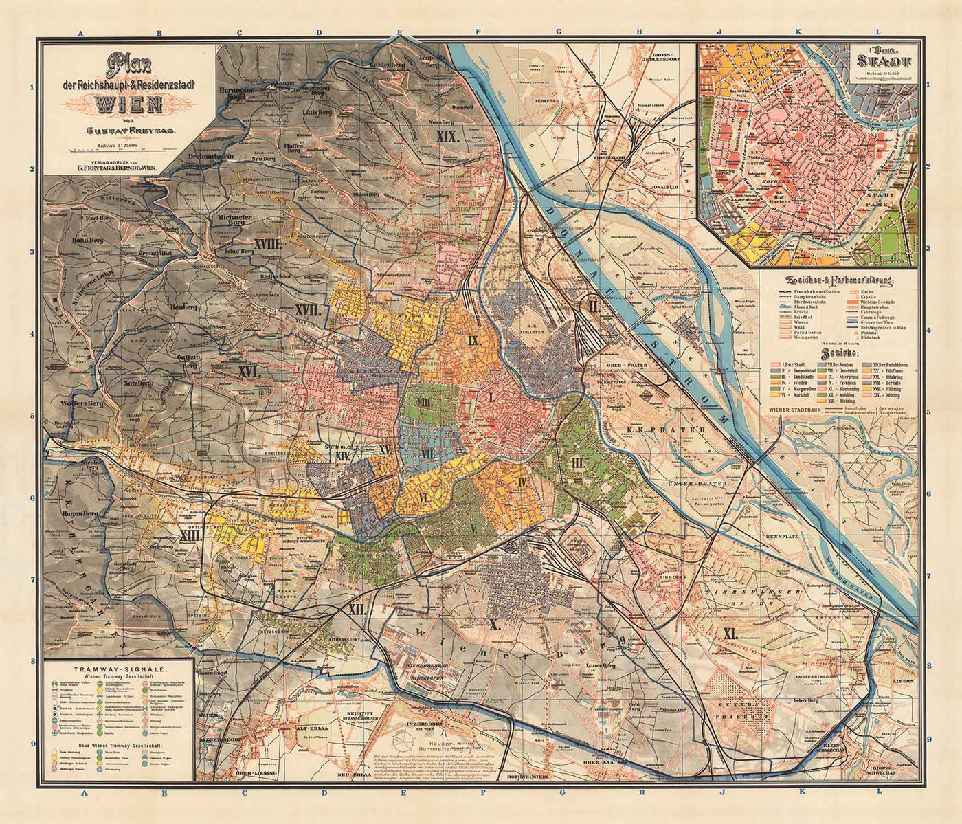 Old Map of Vienna by Gustav Freytag in 1895 - Innere Stadt, Leopoldstadt, Wieden, Margareten, Landstraße