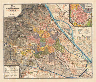 Old Map of Vienna by Gustav Freytag in 1895 - Innere Stadt, Leopoldstadt, Wieden, Margareten, Landstraße