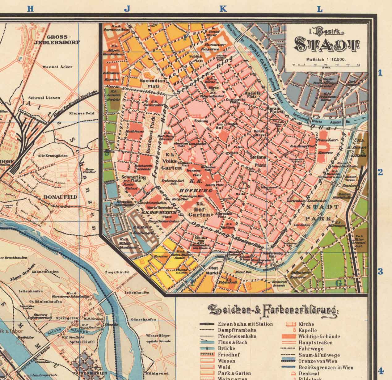 Old Map of Vienna by Gustav Freytag in 1895 - Innere Stadt, Leopoldstadt, Wieden, Margareten, Landstraße