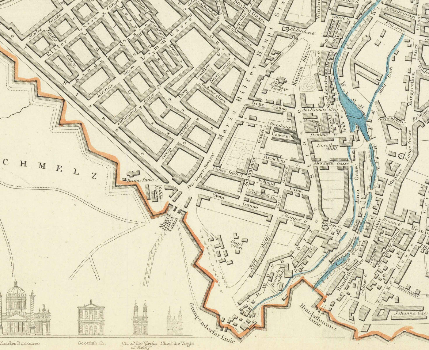 Alte Karte von Wien von SDUK im Jahr 1887 - Donau, Alte Donau, Graben, Rennweg, Karlskirche 