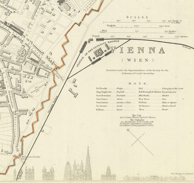 Alte Karte von Wien von SDUK im Jahr 1887 - Donau, Alte Donau, Graben, Rennweg, Karlskirche 