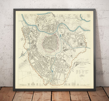 Vecchia mappa di Vienna della SDUK nel 1887 - Fiume Danubio, Alte Donau, Graben, Rennweg, Chiesa di San Carlo 