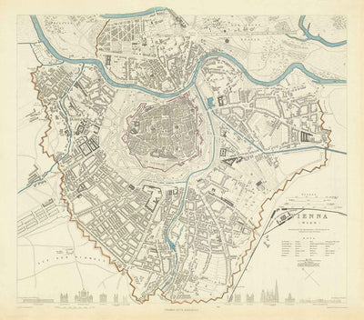 Alte Karte von Wien von SDUK im Jahr 1887 - Donau, Alte Donau, Graben, Rennweg, Karlskirche 
