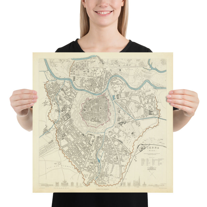 Alte Karte von Wien von SDUK im Jahr 1887 - Donau, Alte Donau, Graben, Rennweg, Karlskirche 