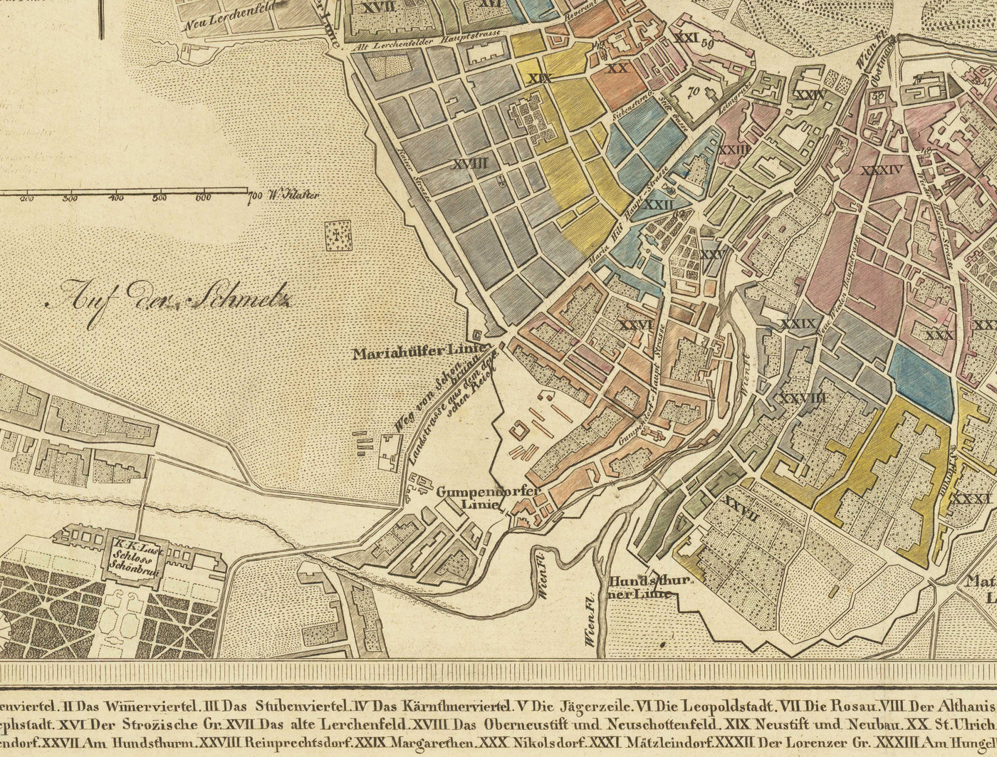 Mapa antiguo de Viena por Tranquillo Mollo en 1803 - Augarten, Praterstern, Franzensbrucke, Burggarten, City Park