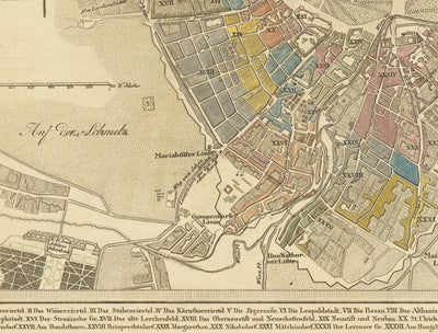 Mapa antiguo de Viena por Tranquillo Mollo en 1803 - Augarten, Praterstern, Franzensbrucke, Burggarten, City Park