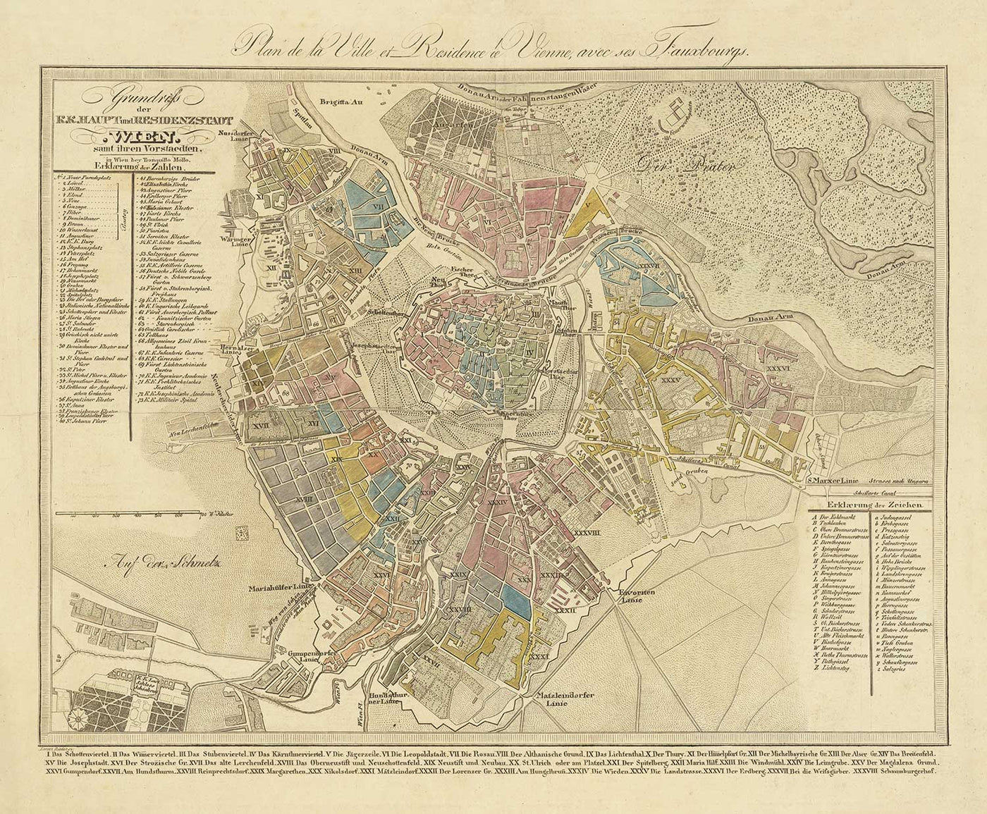 Mapa antiguo de Viena por Tranquillo Mollo en 1803 - Augarten, Praterstern, Franzensbrucke, Burggarten, City Park