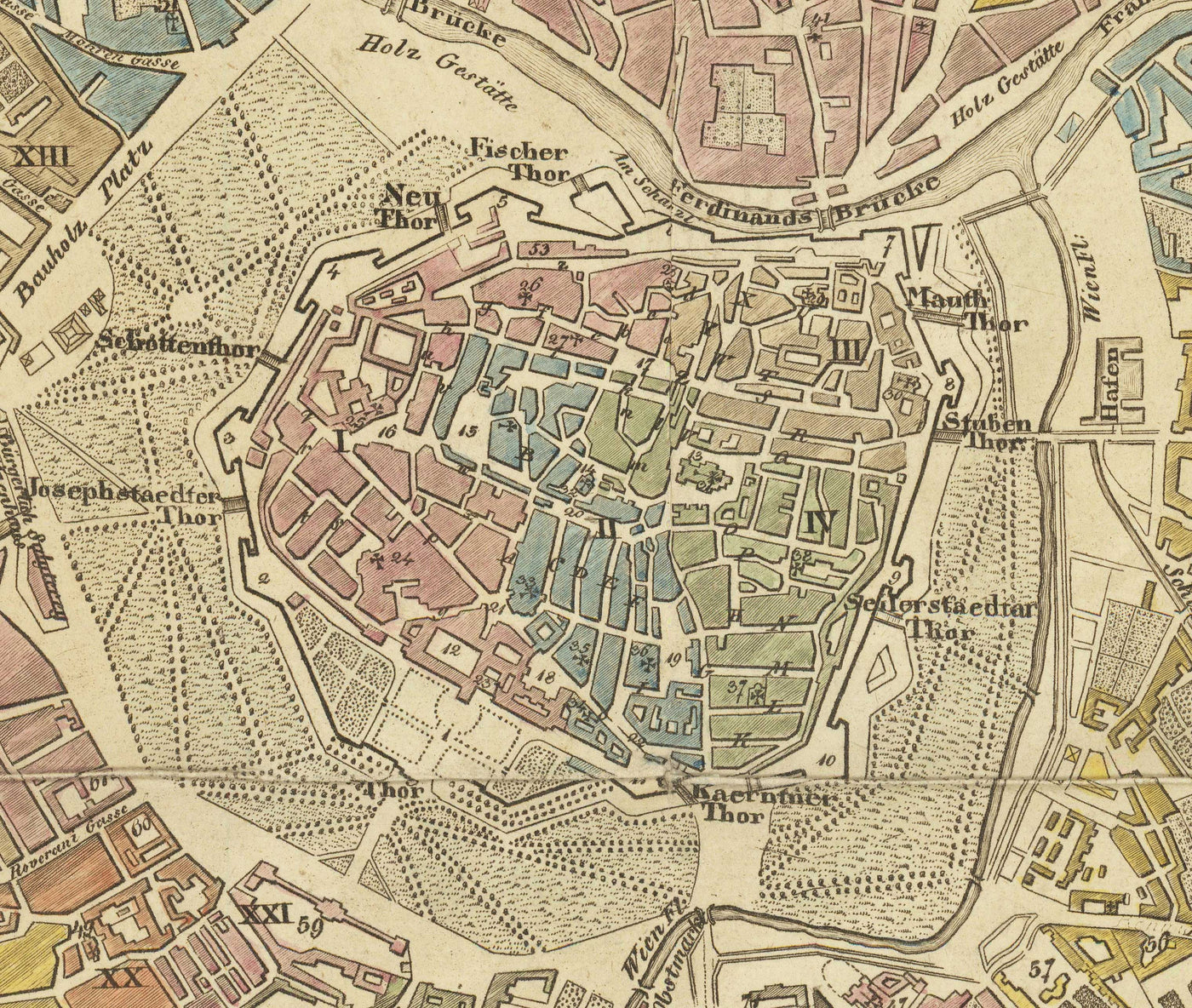 Mapa antiguo de Viena por Tranquillo Mollo en 1803 - Augarten, Praterstern, Franzensbrucke, Burggarten, City Park