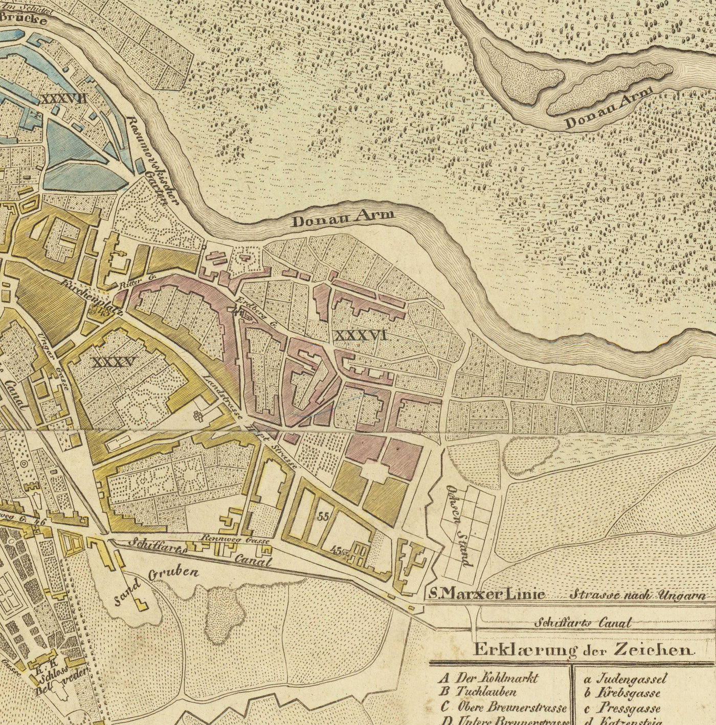 Mapa antiguo de Viena por Tranquillo Mollo en 1803 - Augarten, Praterstern, Franzensbrucke, Burggarten, City Park