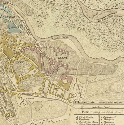 Mapa antiguo de Viena por Tranquillo Mollo en 1803 - Augarten, Praterstern, Franzensbrucke, Burggarten, City Park
