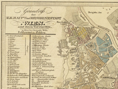 Mapa antiguo de Viena por Tranquillo Mollo en 1803 - Augarten, Praterstern, Franzensbrucke, Burggarten, City Park