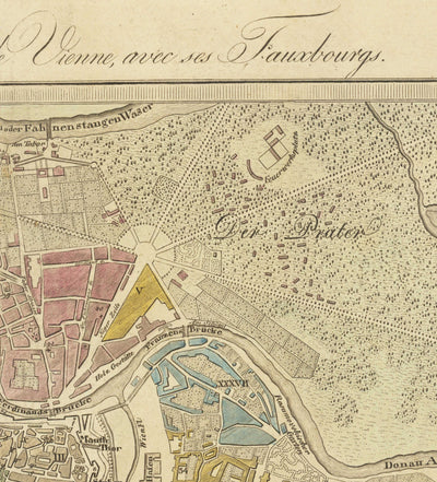 Mapa antiguo de Viena por Tranquillo Mollo en 1803 - Augarten, Praterstern, Franzensbrucke, Burggarten, City Park
