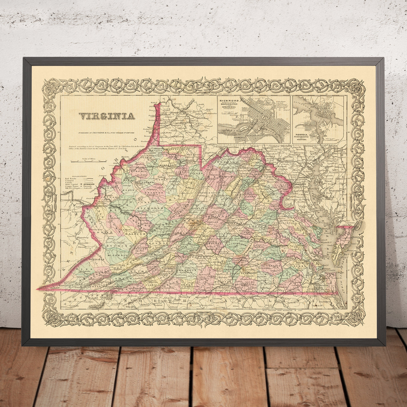 Antiguo mapa de Virginia por Colton, 1859: Richmond, Alejandría, Norfolk, Lynchburg, Petersburgo
