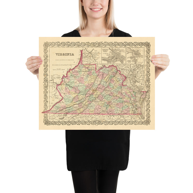 Antiguo mapa de Virginia por Colton, 1859: Richmond, Alejandría, Norfolk, Lynchburg, Petersburgo