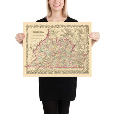 Antiguo mapa de Virginia por Colton, 1859: Richmond, Alejandría, Norfolk, Lynchburg, Petersburgo