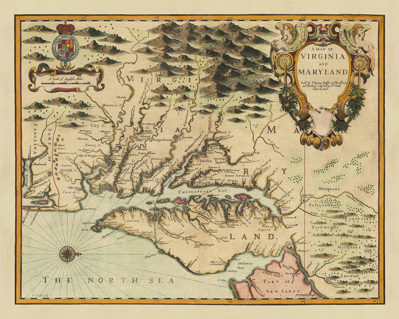 Alte Karte von Virginia & Maryland von John Speed, 1676: Jamestown, Yorktown, die Chesapeake Bay und die Mason-Dixon-Linie 