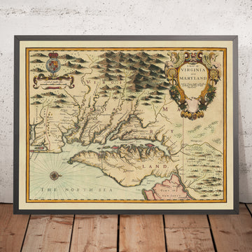 Mapa antiguo de Virginia y Maryland de John Speed, 1676: Jamestown, Yorktown, la bahía de Chesapeake y la línea Mason-Dixon