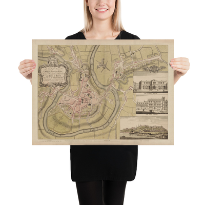 Antica mappa di Shrewsbury nel 1746 di John Rocque - Fiume Severn, Frankwell, Welsh Bridge, Stone Bridge, Bowling Green 