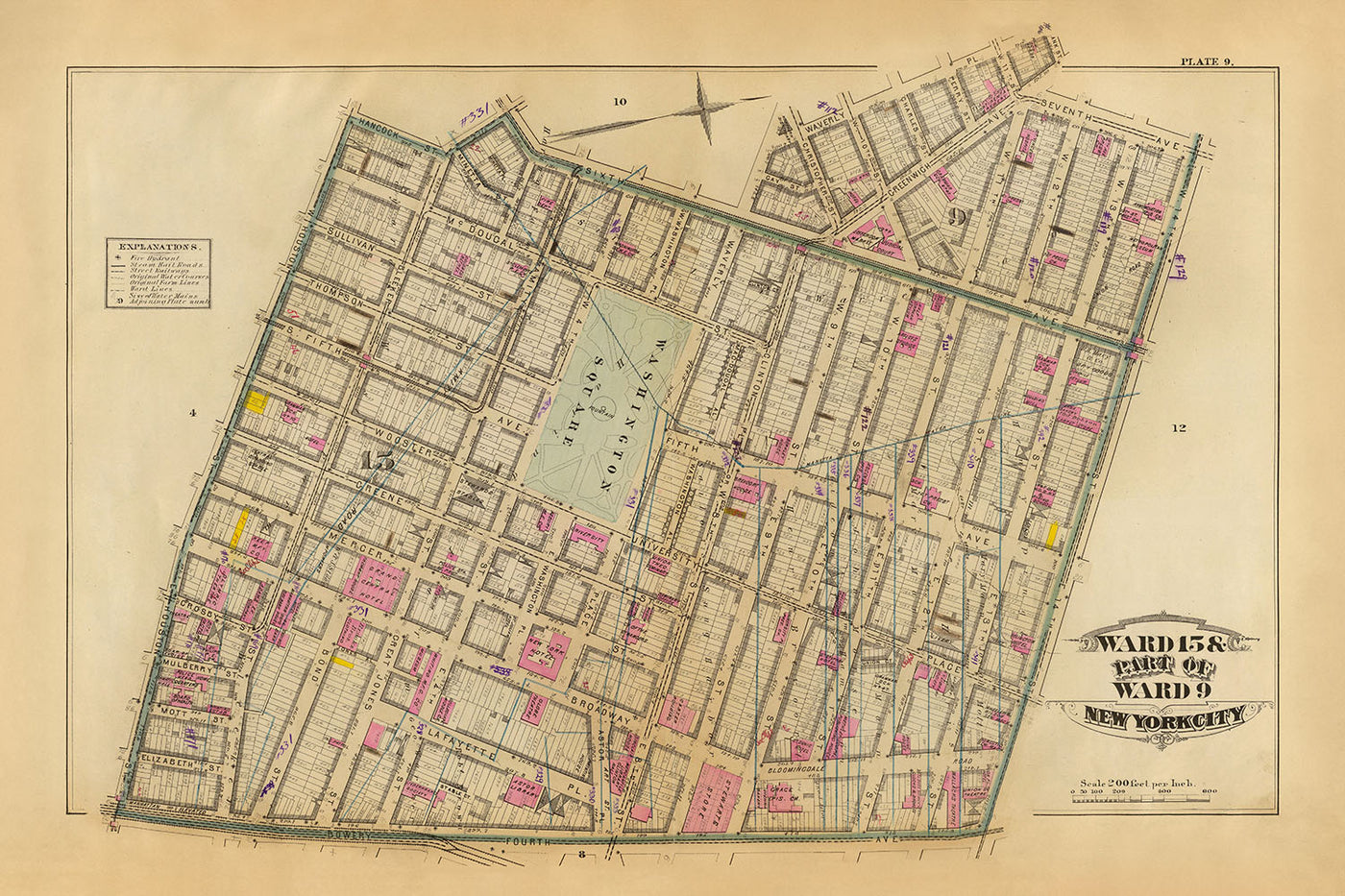 Alte Karte von Greenwich Village, NYC, 1879: Washington Sq, Jefferson Market, Broadway, Lafayette St, Dampfeisenbahnen 