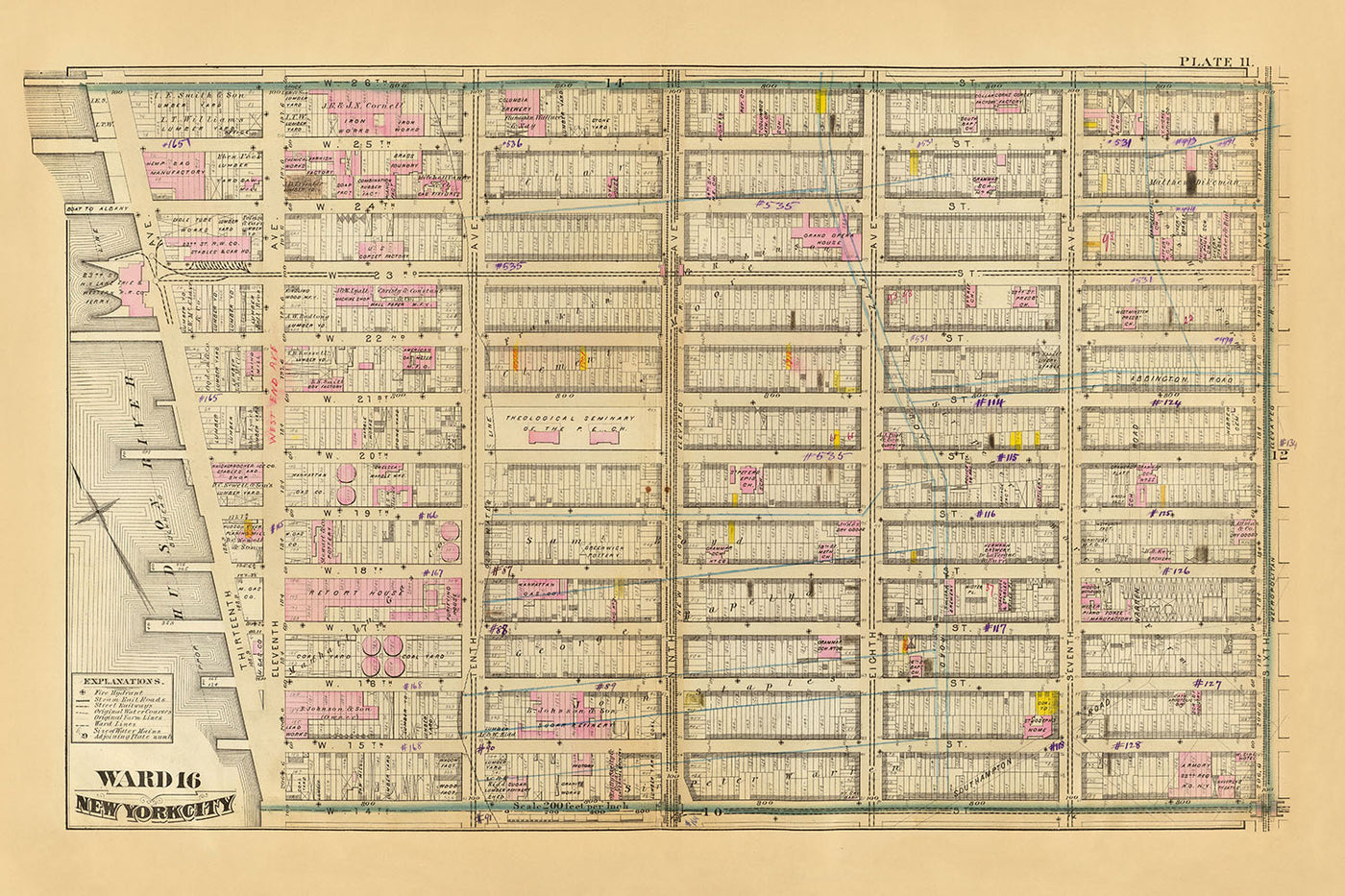 Old Map of Chelsea, New York City, 1879: 6th to 13th Ave, Theological Seminary, Retort House, Grand Opera House