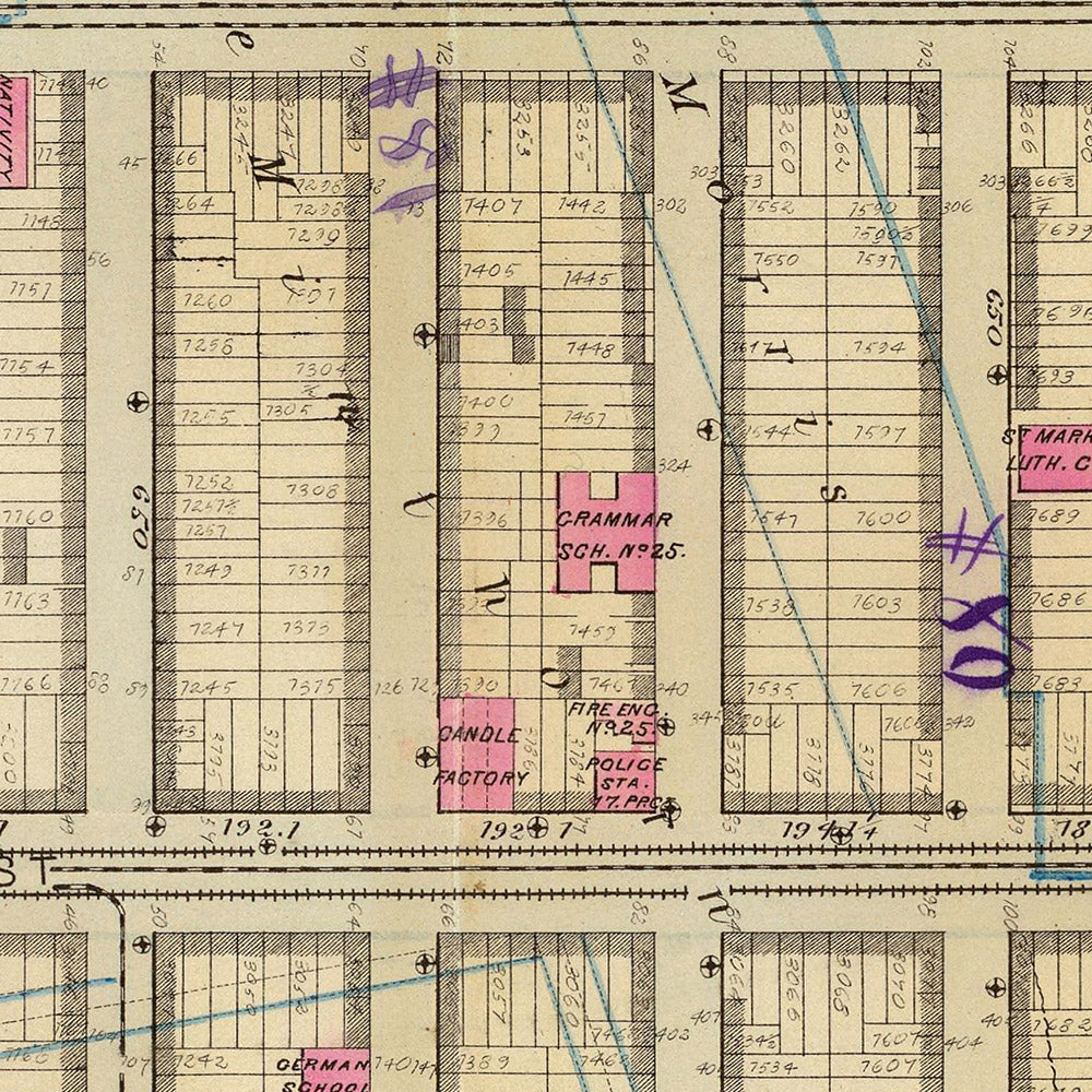 Mapa antiguo de East Village, Nueva York, 1879: Tompkins Square, Stuyvesant Park, Steam Railways.