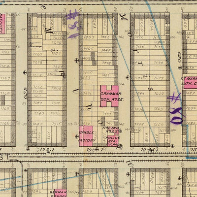 Mapa antiguo de East Village, Nueva York, 1879: Tompkins Square, Stuyvesant Park, Steam Railways.