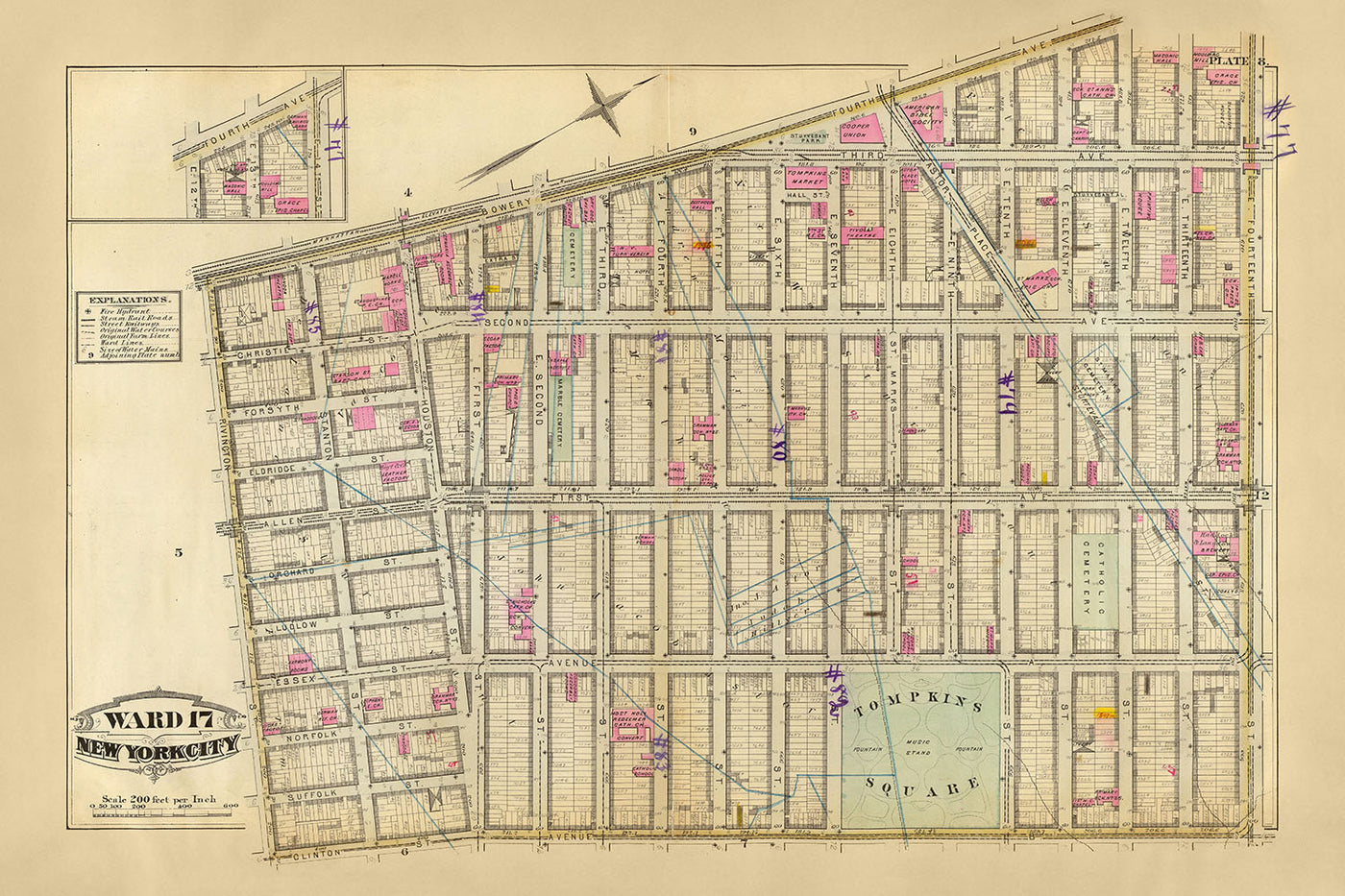 Mapa antiguo de East Village, Nueva York, 1879: Tompkins Square, Stuyvesant Park, Steam Railways.