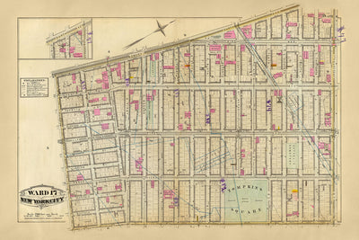 Mapa antiguo de East Village, Nueva York, 1879: Tompkins Square, Stuyvesant Park, Steam Railways.