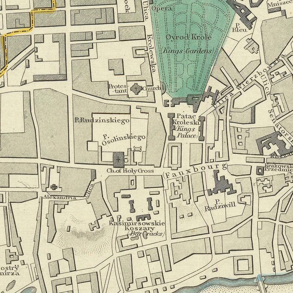 Ancienne carte de Varsovie, 1870 : rivière Vistule, vieille ville, parc Łazienki, château royal, musées 