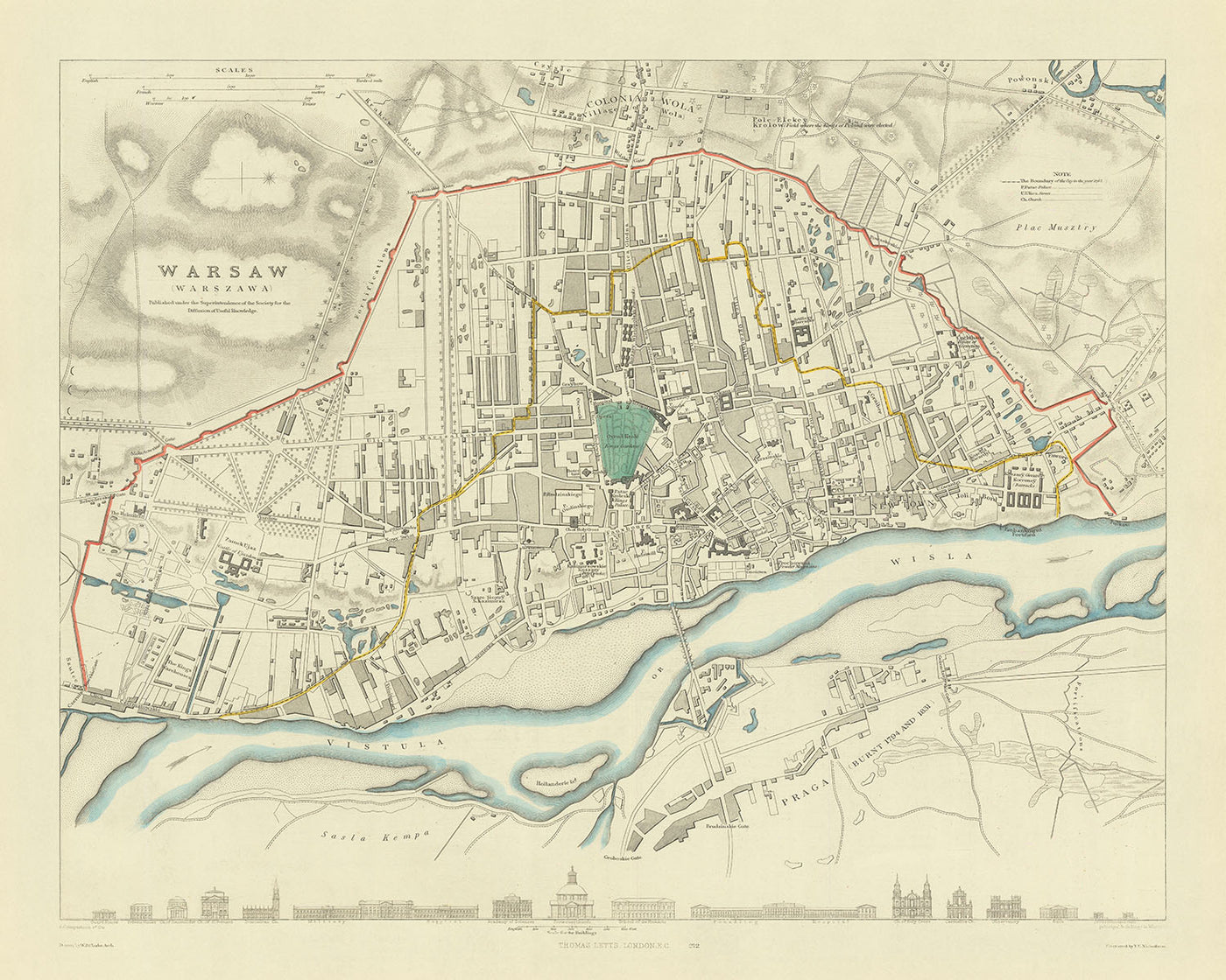 Ancienne carte de Varsovie, 1870 : rivière Vistule, vieille ville, parc Łazienki, château royal, musées 