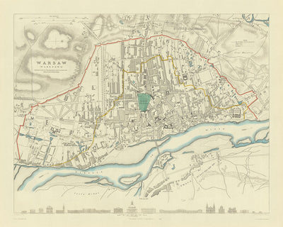 Ancienne carte de Varsovie, 1870 : rivière Vistule, vieille ville, parc Łazienki, château royal, musées 