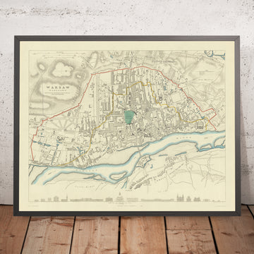 Mappa antica di Varsavia, 1870: Fiume Vistola, Città Vecchia, Parco Łazienki, Castello Reale, Musei 