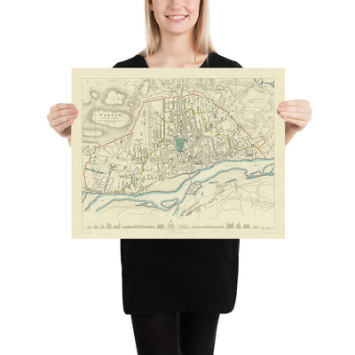 Ancienne carte de Varsovie, 1870 : rivière Vistule, vieille ville, parc Łazienki, château royal, musées 