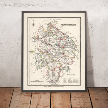 Mapa antiguo de Warwickshire por Samuel Lewis, 1844: Birmingham, Coventry, Stratford-upon-Avon, Warwick, Rugby