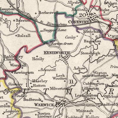 Mapa antiguo de Warwickshire por Samuel Lewis, 1844: Birmingham, Coventry, Stratford-upon-Avon, Warwick, Rugby