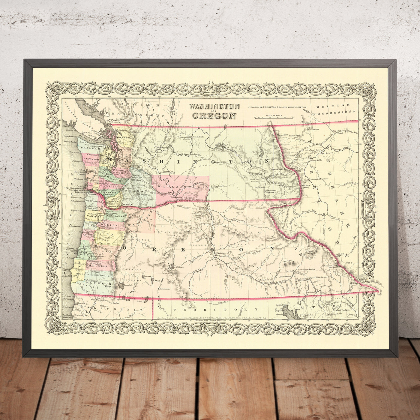 Old map of Washington & Oregon by Colton, 1859: Olympia, Vancouver, Salem, Portland, Walla Walla