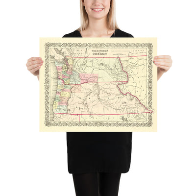 Old map of Washington & Oregon by Colton, 1859: Olympia, Vancouver, Salem, Portland, Walla Walla