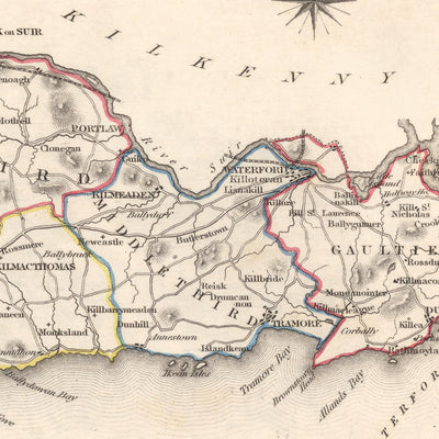 Alte Karte des County Waterford von Samuel Lewis, 1844: Dungarvan, Lismore, Cappoquin, Tramore, Dunmore East 