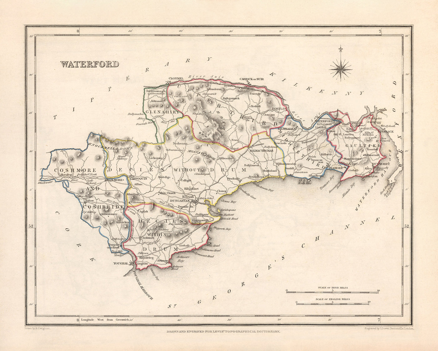 Alte Karte des County Waterford von Samuel Lewis, 1844: Dungarvan, Lismore, Cappoquin, Tramore, Dunmore East 