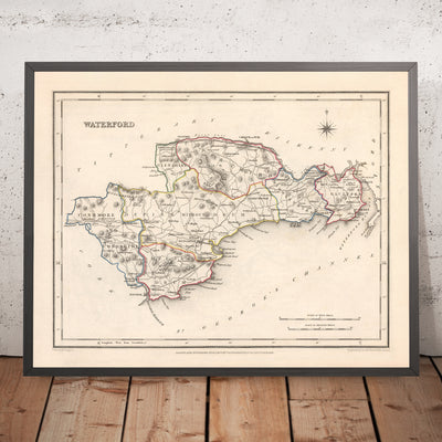 Alte Karte des County Waterford von Samuel Lewis, 1844: Dungarvan, Lismore, Cappoquin, Tramore, Dunmore East 