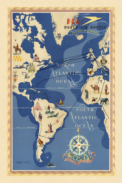 Alte Bildkarte der Luftwege der westlichen Hemisphäre von BOAC, 1949: Morgendämmerung des Jetzeitalters 