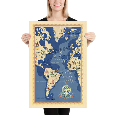 Alte Bildkarte der Luftwege der westlichen Hemisphäre von BOAC, 1949: Morgendämmerung des Jetzeitalters 