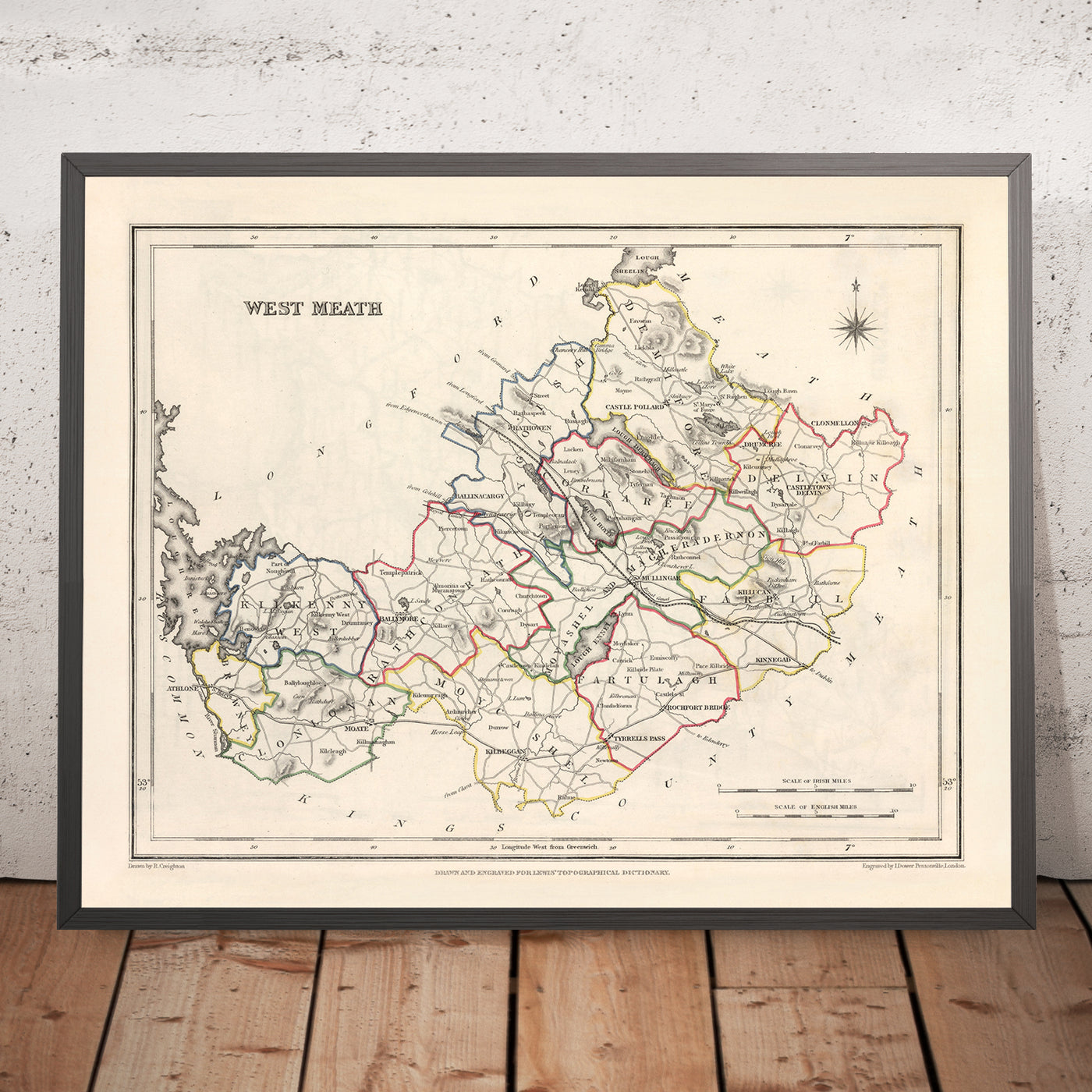 Ancienne carte du comté de Westmeath par Samuel Lewis, 1844 : Mullingar, Athlone, Kilbeggan, Moate, Fore