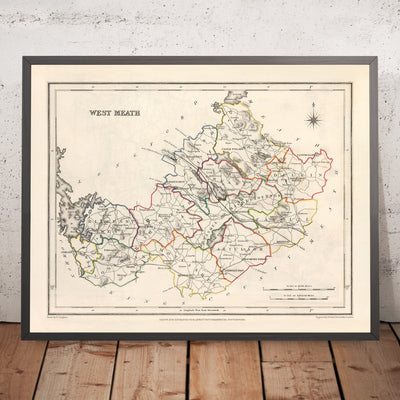 Ancienne carte du comté de Westmeath par Samuel Lewis, 1844 : Mullingar, Athlone, Kilbeggan, Moate, Fore